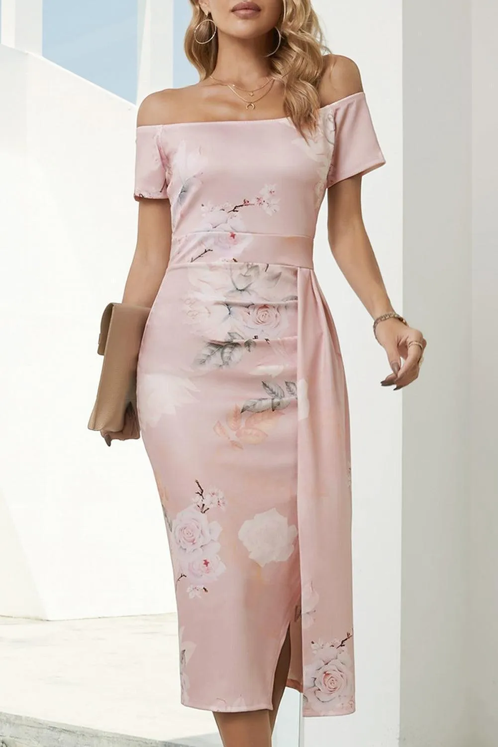 Summer Aesthetic Printed Off Shoulder Slit Dress