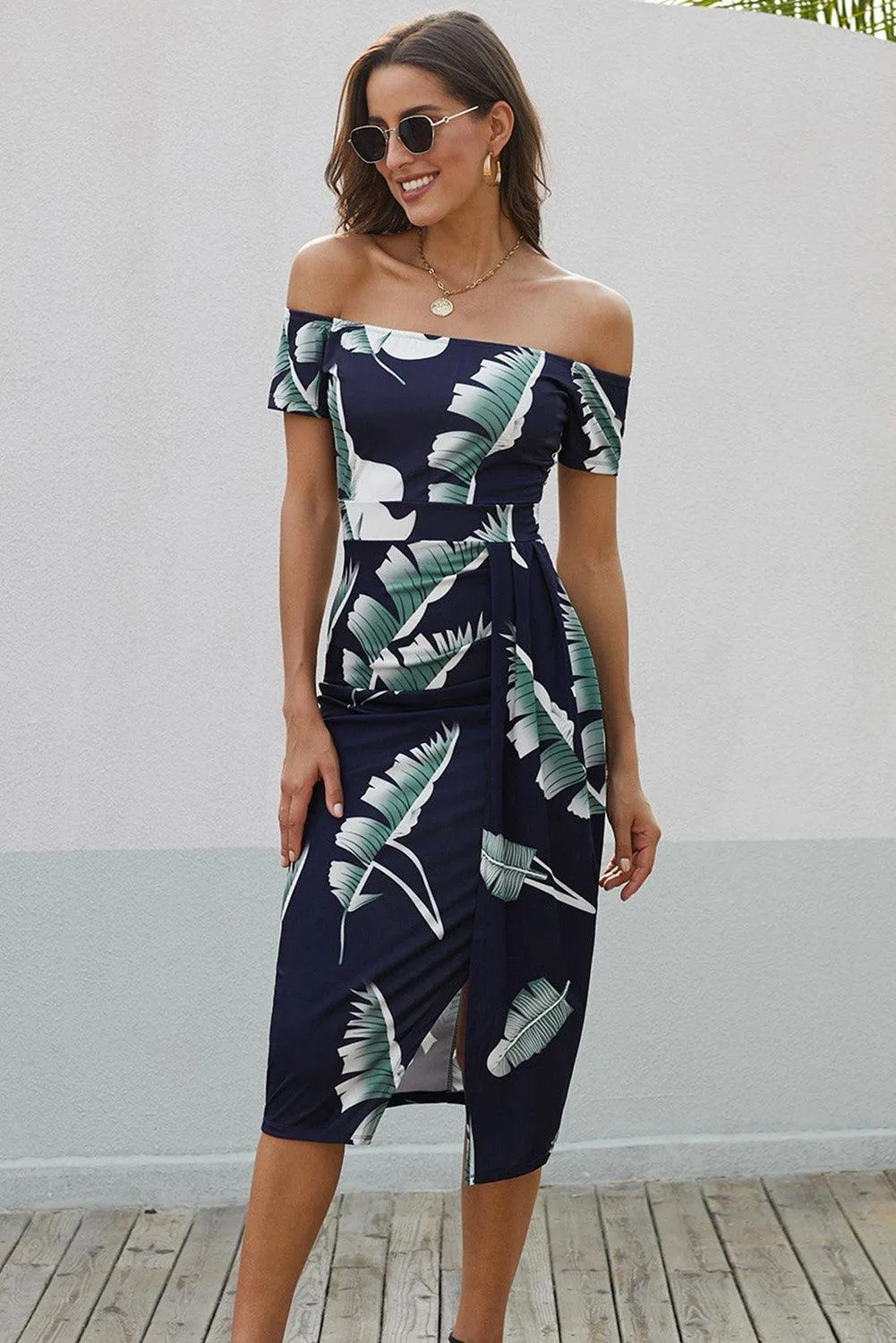 Summer Aesthetic Printed Off Shoulder Slit Dress