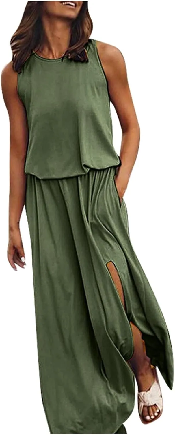 Summer Casual Dresses for Women 2025 Sleeveless Silt Long Vacation Dress High Waisted Flowy Plus Size Beach Sundress