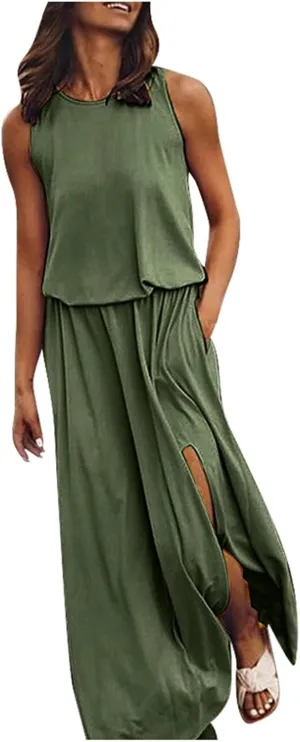 Summer Casual Dresses for Women 2025 Sleeveless Silt Long Vacation Dress High Waisted Flowy Plus Size Beach Sundress