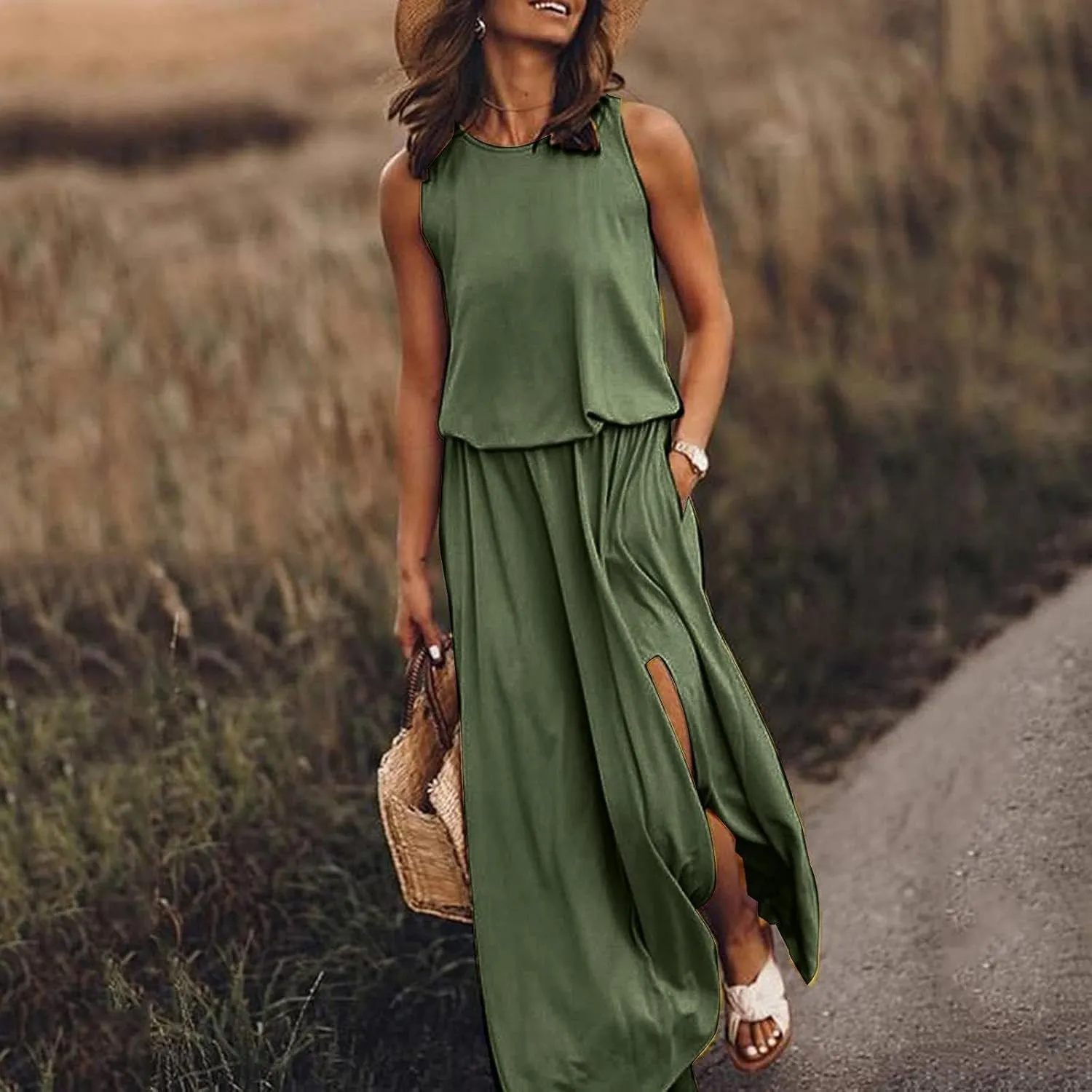Summer Casual Dresses for Women 2025 Sleeveless Silt Long Vacation Dress High Waisted Flowy Plus Size Beach Sundress