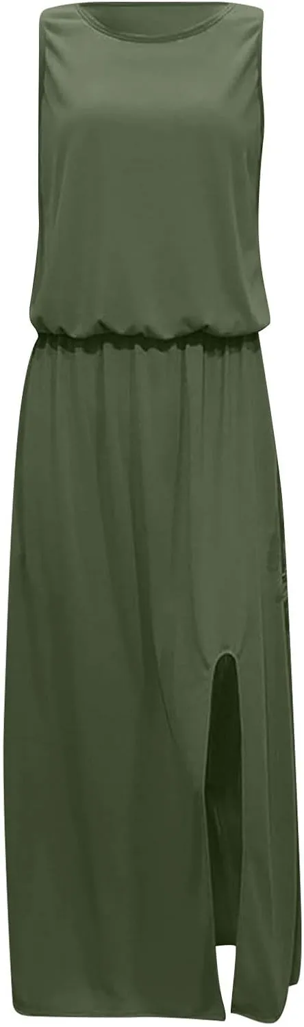 Summer Casual Dresses for Women 2025 Sleeveless Silt Long Vacation Dress High Waisted Flowy Plus Size Beach Sundress