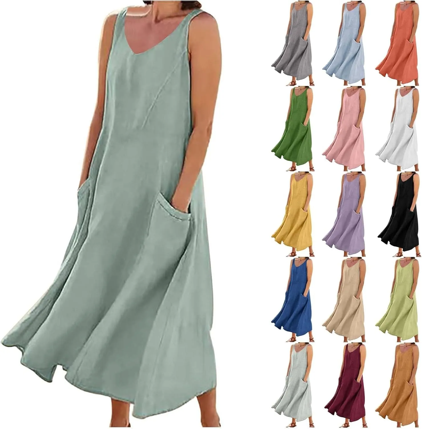 Summer Cotton Linen Long Dress for Women 2025 Sleeveless Boho Flowy Dresses Plus Size Loose Comfy Dress with Pockets
