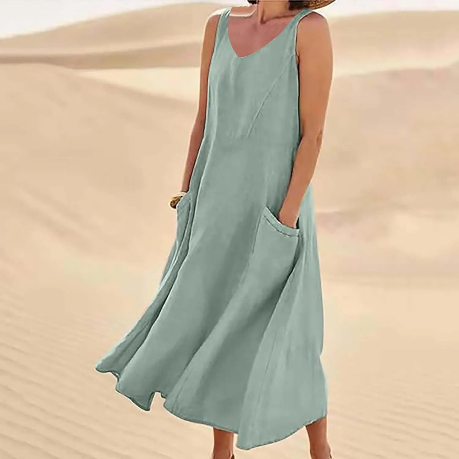 Summer Cotton Linen Long Dress for Women 2025 Sleeveless Boho Flowy Dresses Plus Size Loose Comfy Dress with Pockets