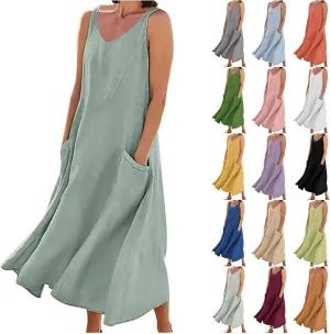 Summer Cotton Linen Long Dress for Women 2025 Sleeveless Boho Flowy Dresses Plus Size Loose Comfy Dress with Pockets