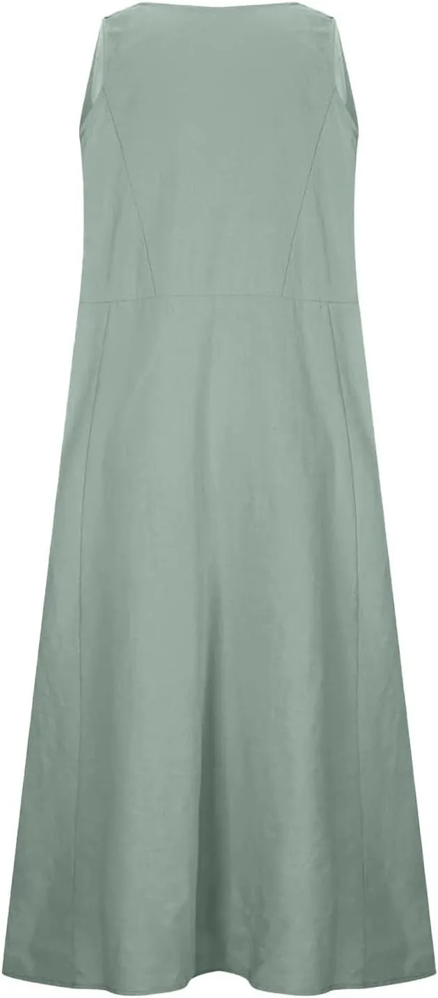 Summer Cotton Linen Long Dress for Women 2025 Sleeveless Boho Flowy Dresses Plus Size Loose Comfy Dress with Pockets
