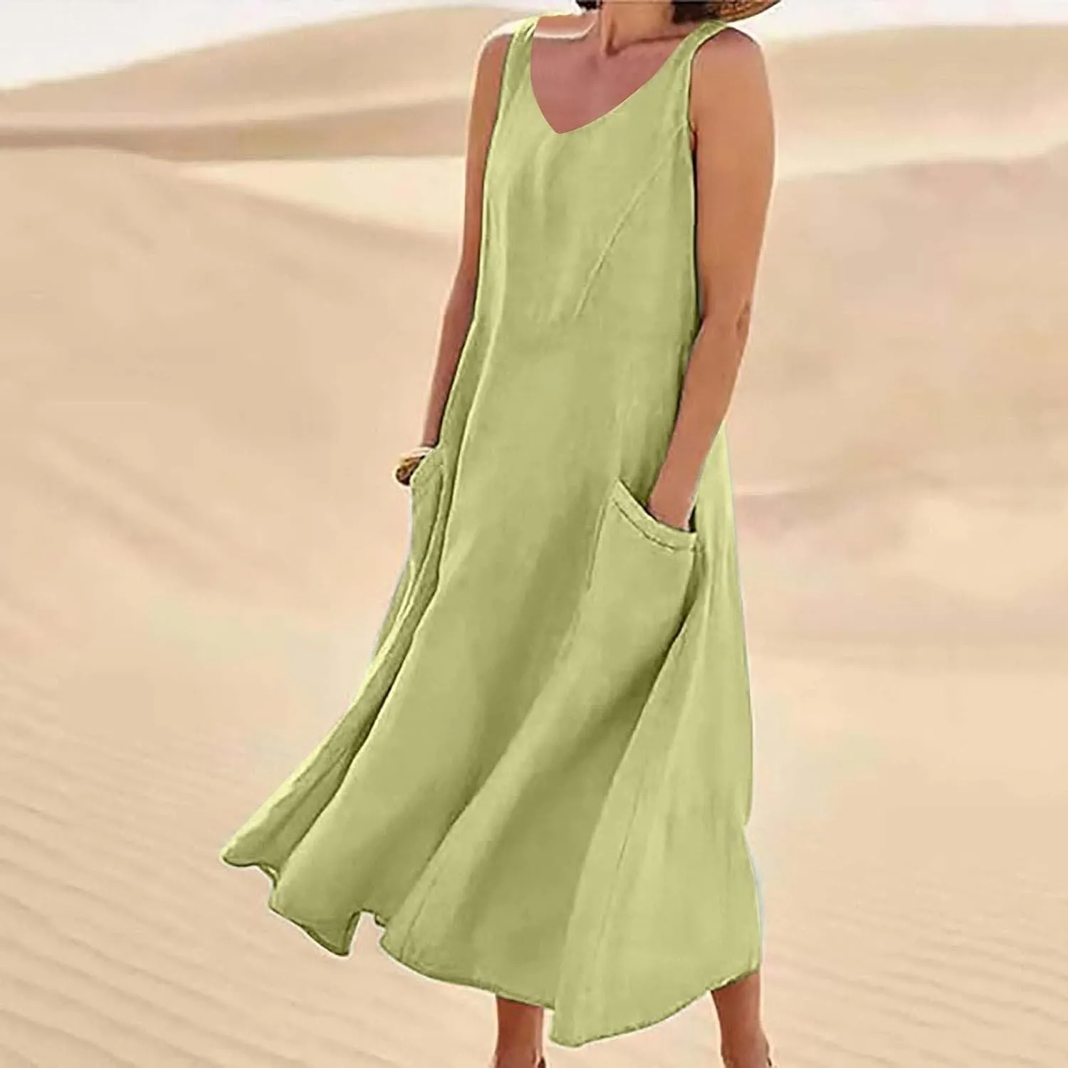Summer Cotton Linen Long Dress for Women 2025 Sleeveless Boho Flowy Dresses Plus Size Loose Comfy Dress with Pockets