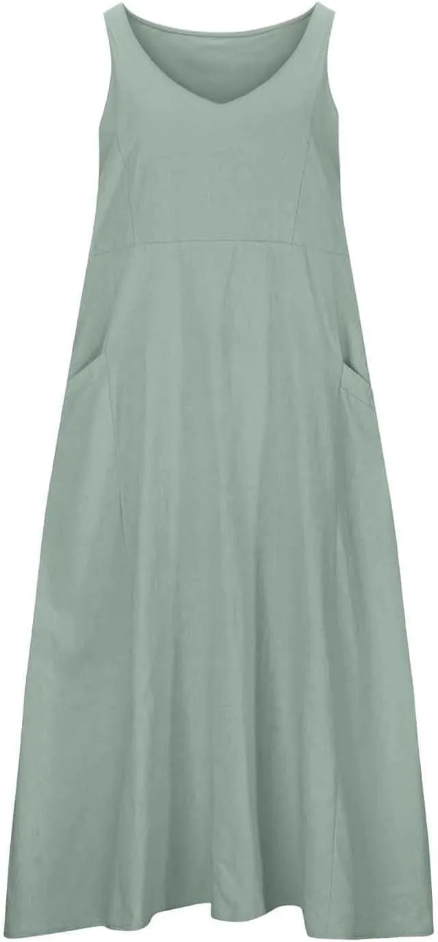 Summer Cotton Linen Long Dress for Women 2025 Sleeveless Boho Flowy Dresses Plus Size Loose Comfy Dress with Pockets