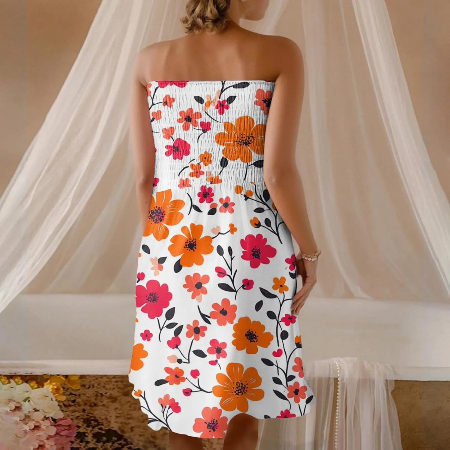 Summer Dress for Women 2025 Beach Boho A Line Sleeveless Flowy Strapless Dress Cover Ups Off Shoulder Floral Graphic Sundress
