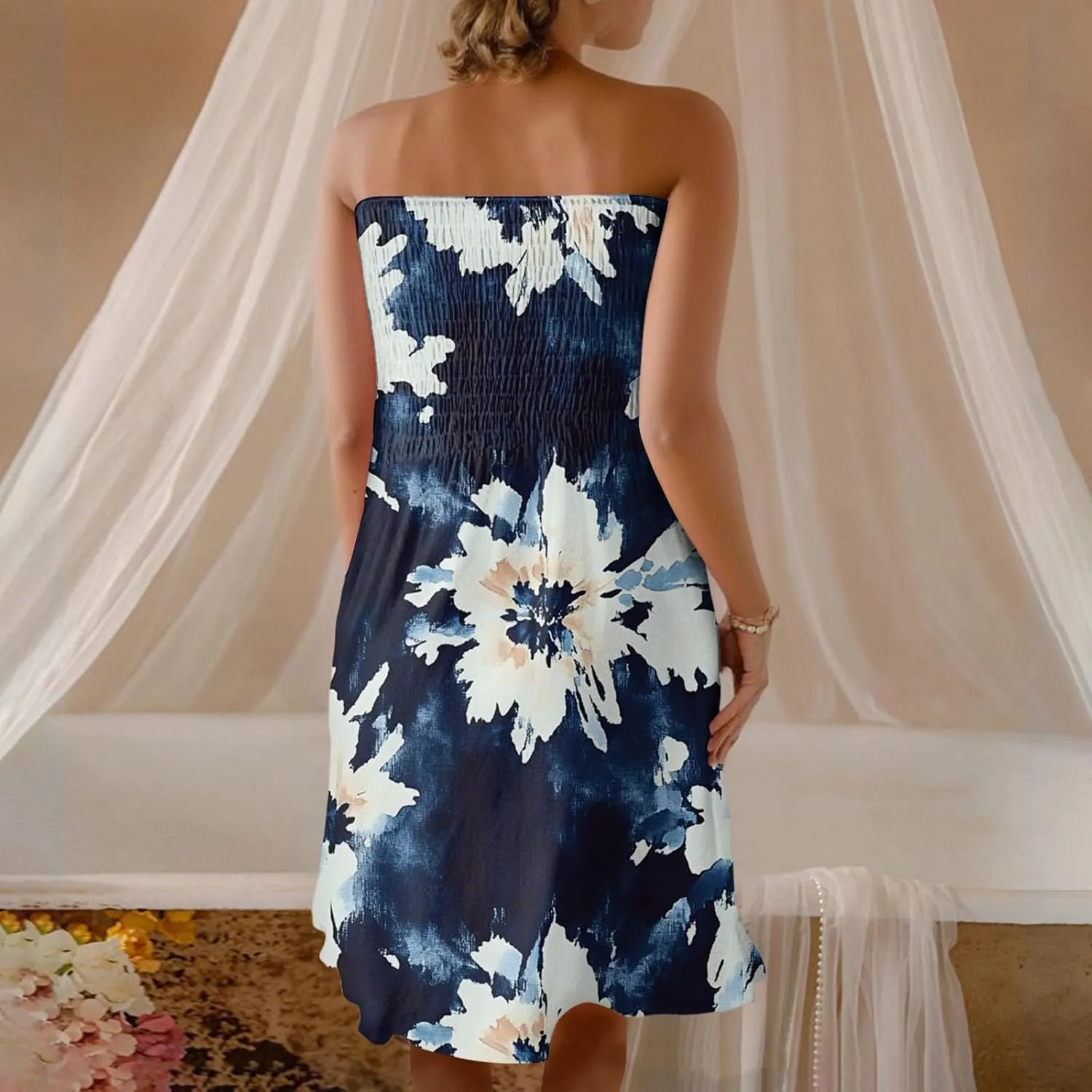 Summer Dress for Women 2025 Beach Boho A Line Sleeveless Flowy Strapless Dress Cover Ups Off Shoulder Floral Graphic Sundress