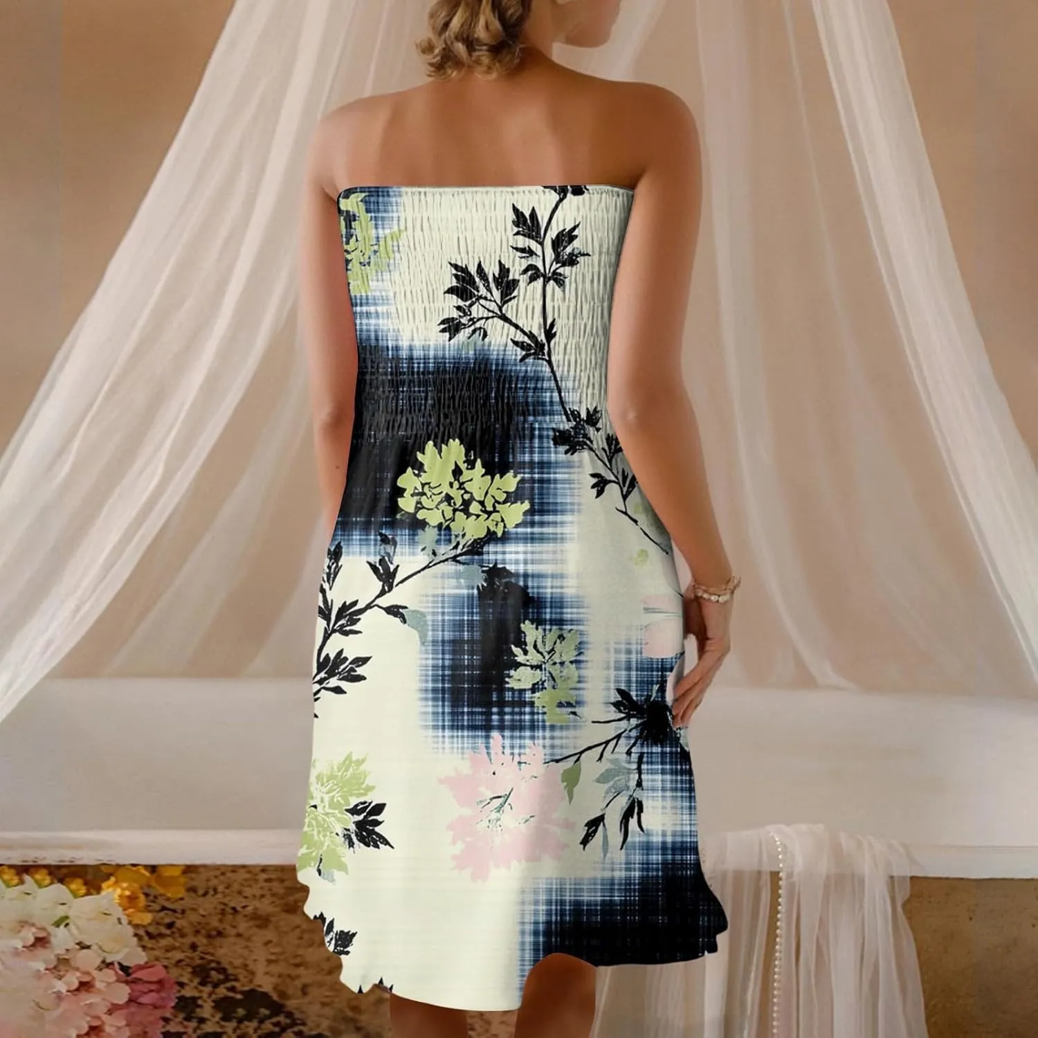 Summer Dress for Women 2025 Beach Boho A Line Sleeveless Flowy Strapless Dress Cover Ups Off Shoulder Floral Graphic Sundress