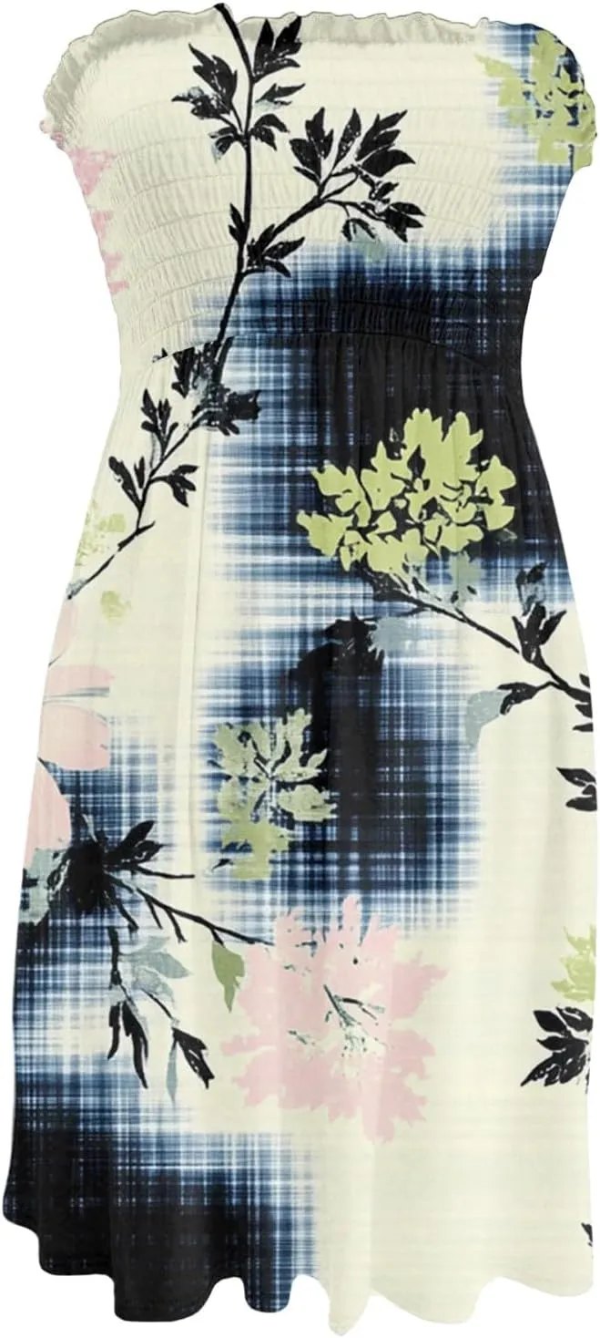 Summer Dress for Women 2025 Beach Boho A Line Sleeveless Flowy Strapless Dress Cover Ups Off Shoulder Floral Graphic Sundress