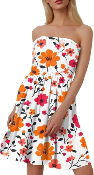 Summer Dress for Women 2025 Beach Boho A Line Sleeveless Flowy Strapless Dress Cover Ups Off Shoulder Floral Graphic Sundress