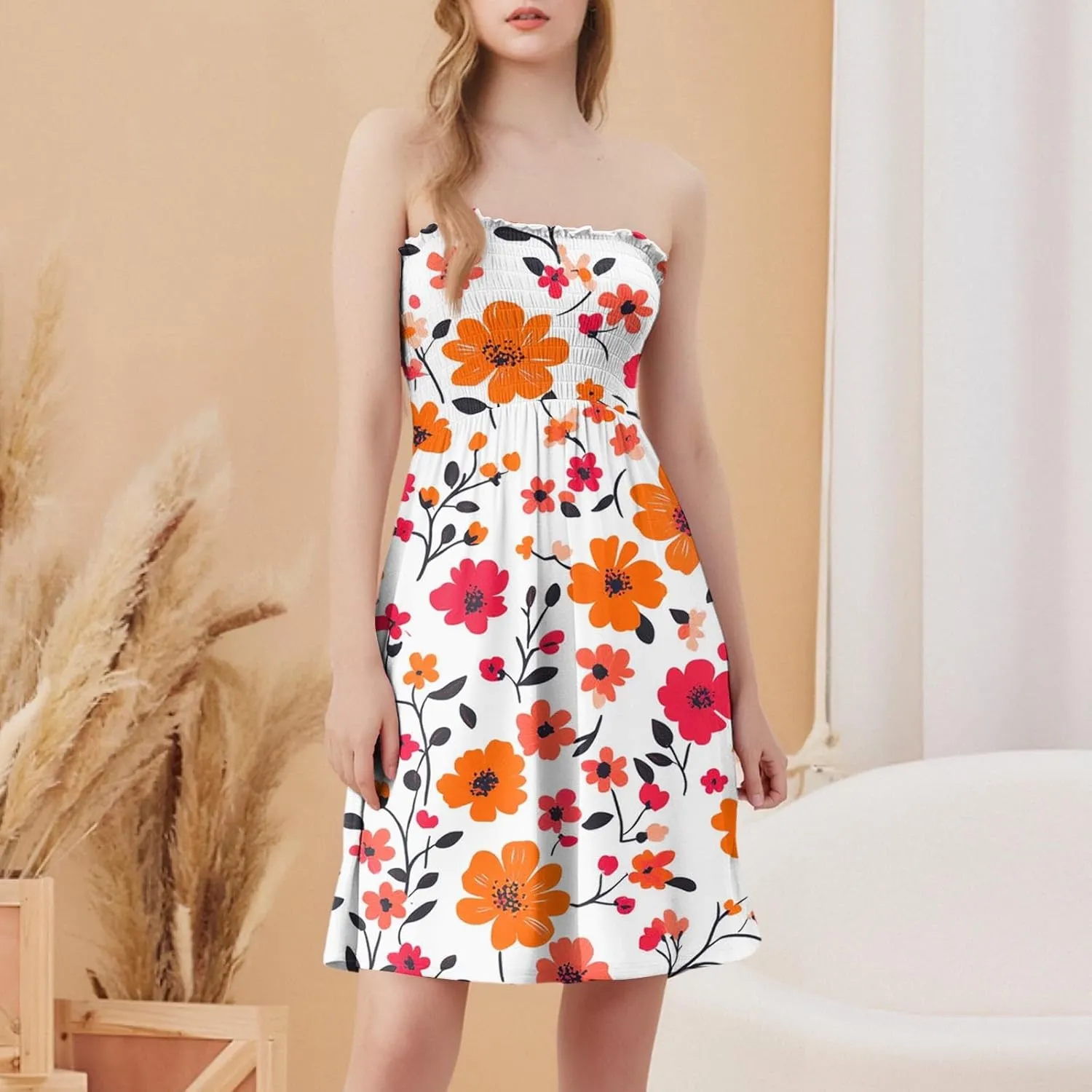 Summer Dress for Women 2025 Beach Boho A Line Sleeveless Flowy Strapless Dress Cover Ups Off Shoulder Floral Graphic Sundress