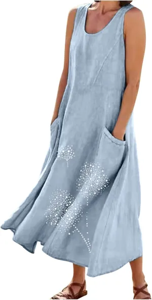 Summer Dresses for Women 2024 Casual Cotton Linen Crewneck Short Sleeve Dress with Pocket Plus Size Boho Long Dress