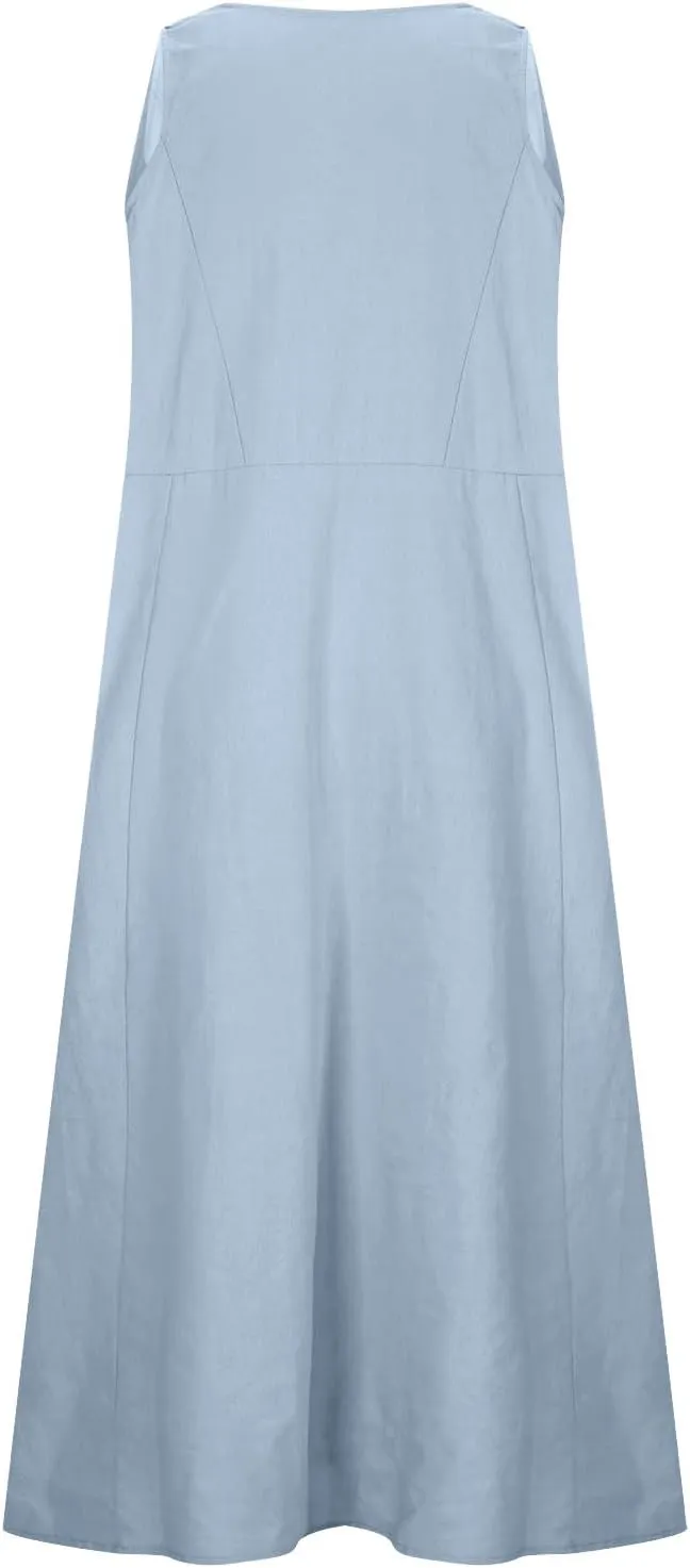 Summer Dresses for Women 2024 Casual Cotton Linen Crewneck Short Sleeve Dress with Pocket Plus Size Boho Long Dress
