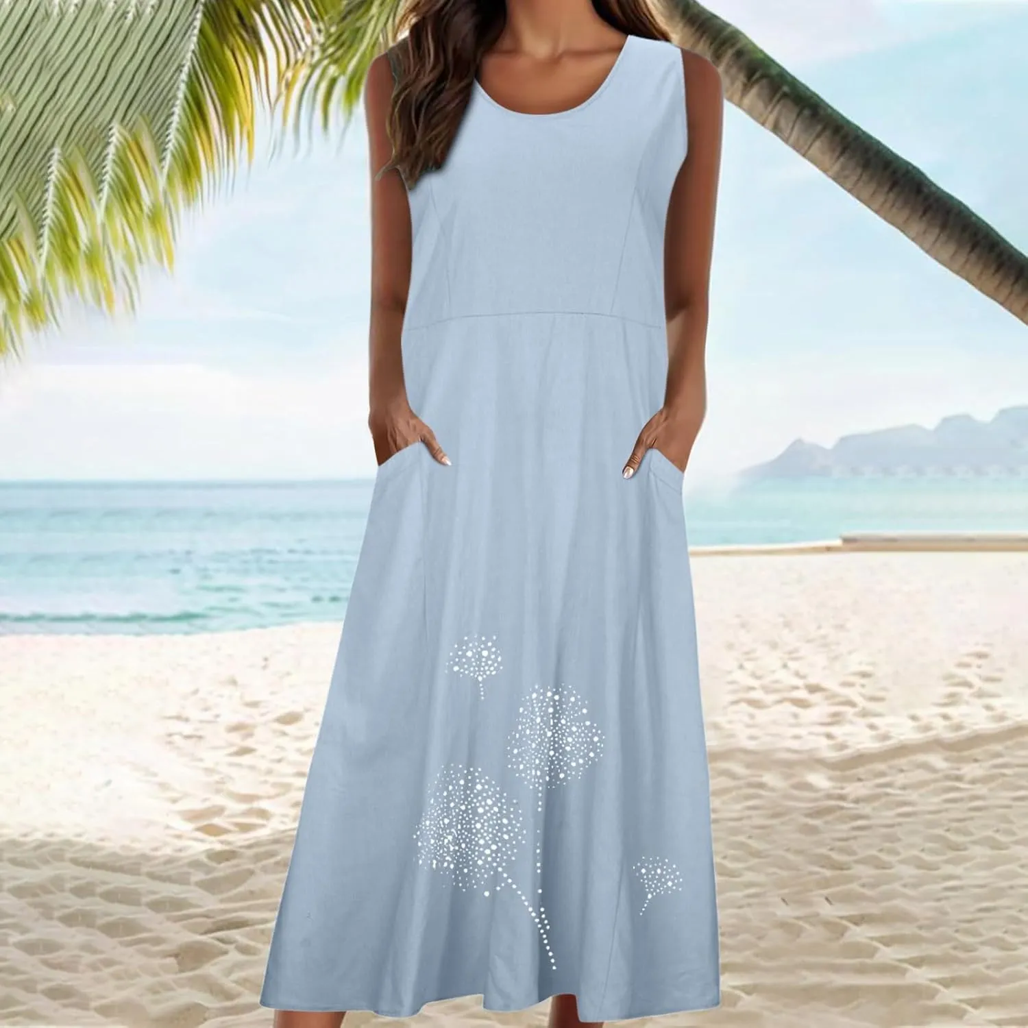 Summer Dresses for Women 2024 Casual Cotton Linen Crewneck Short Sleeve Dress with Pocket Plus Size Boho Long Dress