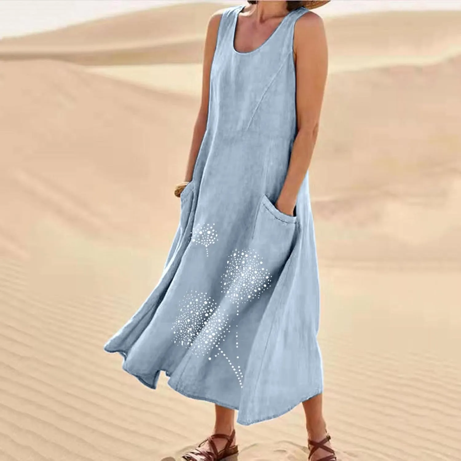 Summer Dresses for Women 2024 Casual Cotton Linen Crewneck Short Sleeve Dress with Pocket Plus Size Boho Long Dress