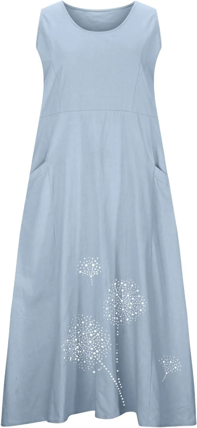 Summer Dresses for Women 2024 Casual Cotton Linen Crewneck Short Sleeve Dress with Pocket Plus Size Boho Long Dress