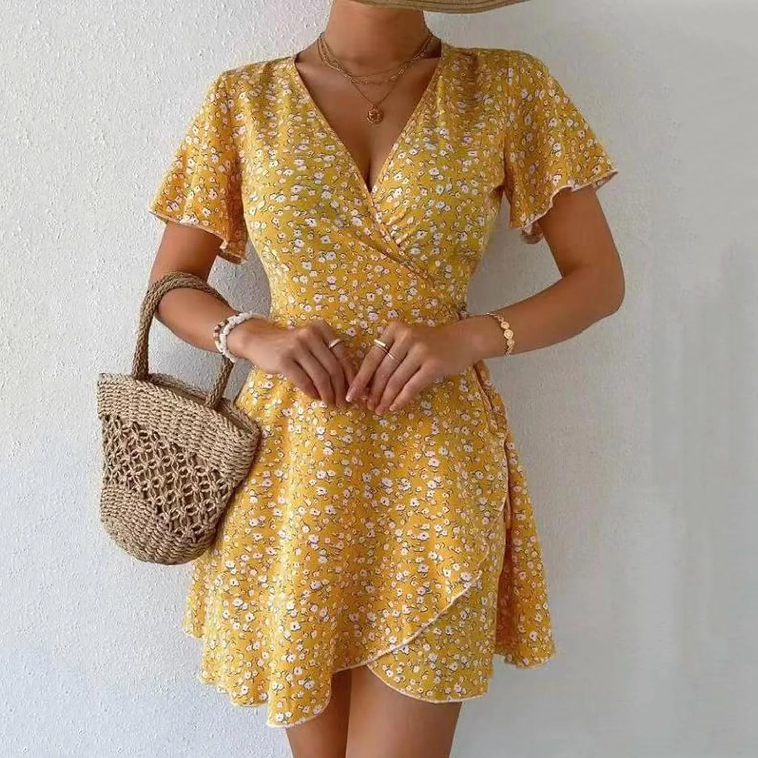 Summer Dresses for Women 2025 A Line Empire Waist Short Sleeve Floral Dress V Neck Wrap Ruffle Mini Sexy Dresses