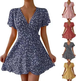 Summer Dresses for Women 2025 A Line Empire Waist Short Sleeve Floral Dress V Neck Wrap Ruffle Mini Sexy Dresses