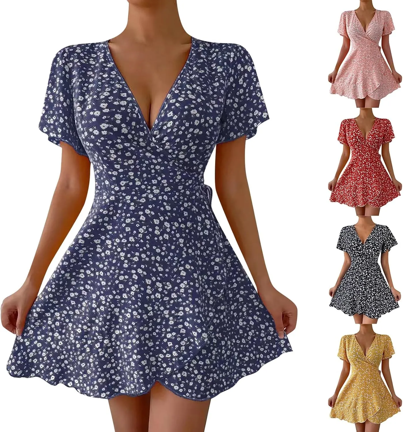 Summer Dresses for Women 2025 A Line Empire Waist Short Sleeve Floral Dress V Neck Wrap Ruffle Mini Sexy Dresses