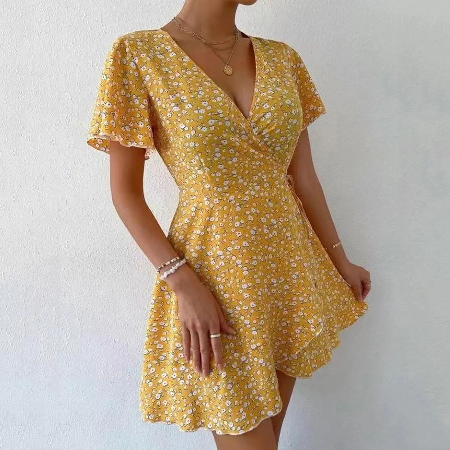 Summer Dresses for Women 2025 A Line Empire Waist Short Sleeve Floral Dress V Neck Wrap Ruffle Mini Sexy Dresses