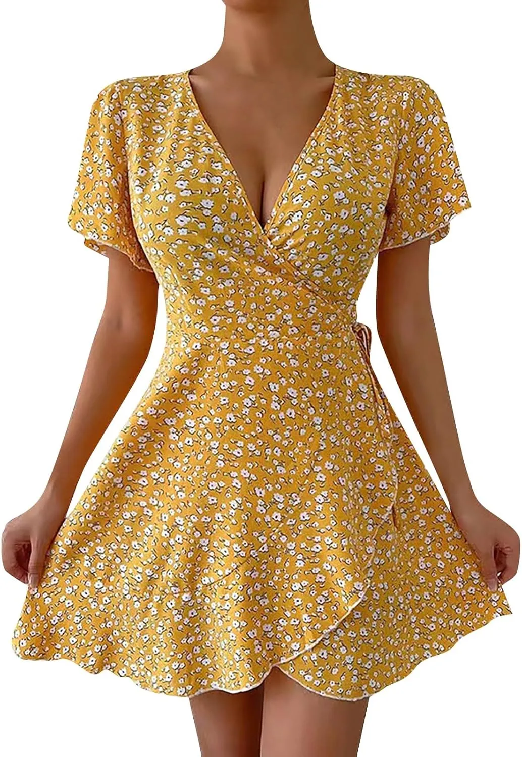 Summer Dresses for Women 2025 A Line Empire Waist Short Sleeve Floral Dress V Neck Wrap Ruffle Mini Sexy Dresses
