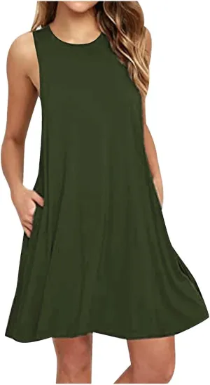 Summer Dresses for Women 2025 Casual Loose Sleeveless Tshirt Sundresses Cute Boho Beach Swing Mini Dress with Pockets