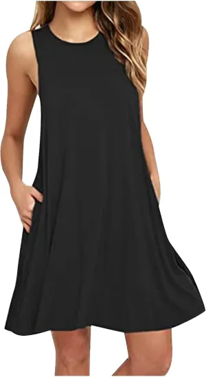 Summer Dresses for Women 2025 Casual Loose Sleeveless Tshirt Sundresses Cute Boho Beach Swing Mini Dress with Pockets