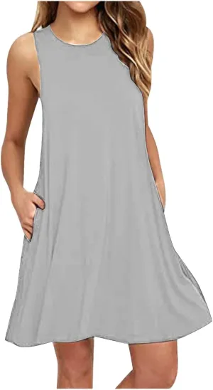 Summer Dresses for Women 2025 Casual Loose Sleeveless Tshirt Sundresses Cute Boho Beach Swing Mini Dress with Pockets