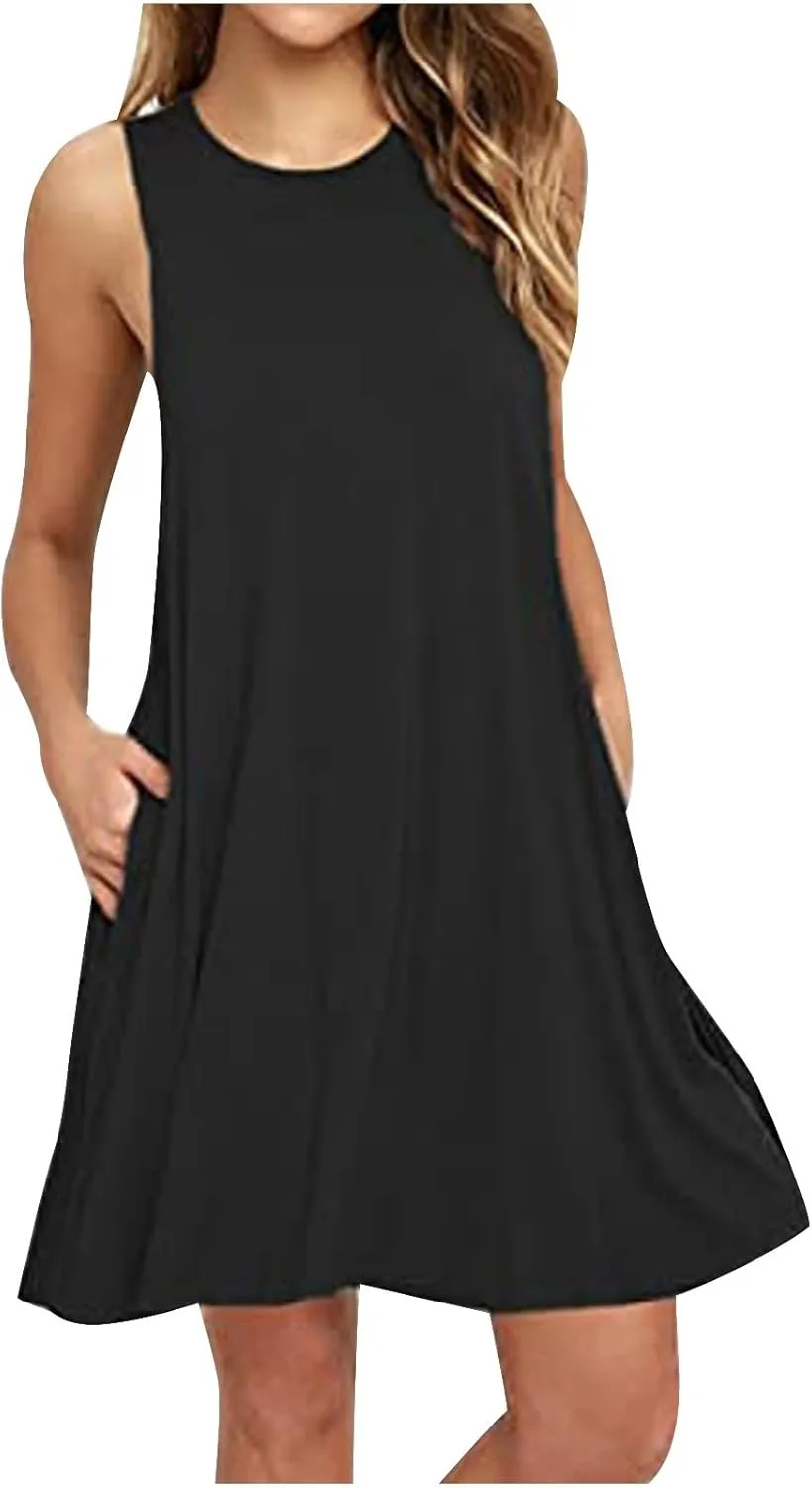 Summer Dresses for Women 2025 Casual Loose Sleeveless Tshirt Sundresses Cute Boho Beach Swing Mini Dress with Pockets
