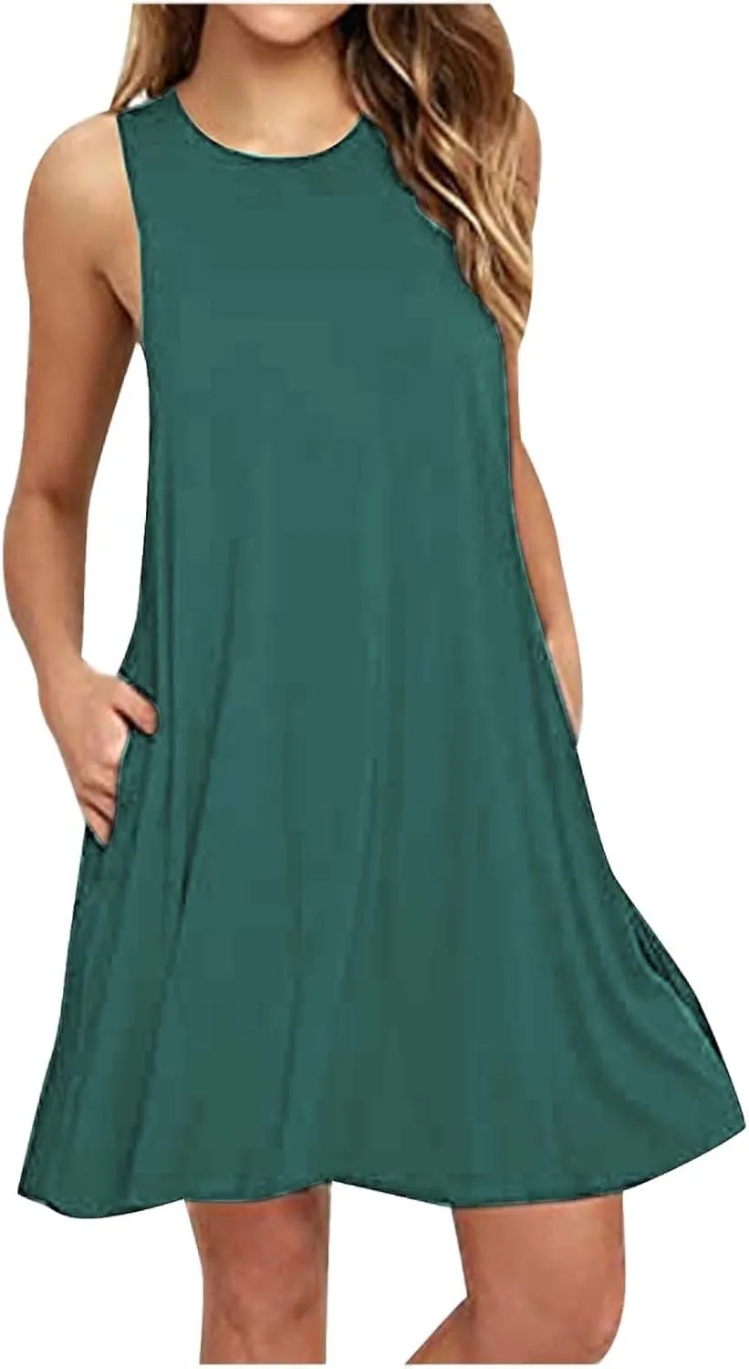 Summer Dresses for Women 2025 Casual Loose Sleeveless Tshirt Sundresses Cute Boho Beach Swing Mini Dress with Pockets