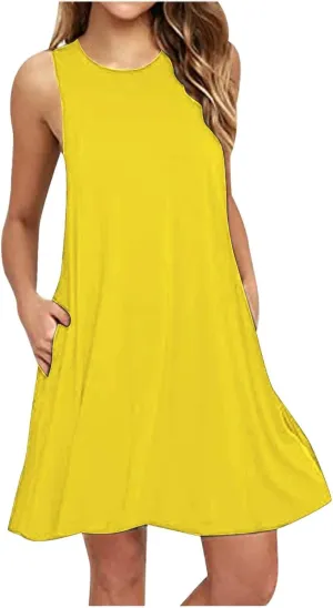 Summer Dresses for Women 2025 Casual Loose Sleeveless Tshirt Sundresses Cute Boho Beach Swing Mini Dress with Pockets