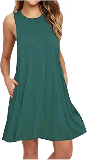 Summer Dresses for Women 2025 Casual Loose Sleeveless Tshirt Sundresses Cute Boho Beach Swing Mini Dress with Pockets