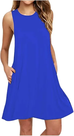 Summer Dresses for Women 2025 Casual Loose Sleeveless Tshirt Sundresses Cute Boho Beach Swing Mini Dress with Pockets