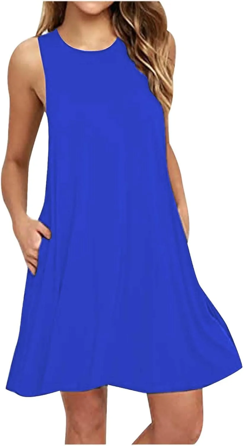 Summer Dresses for Women 2025 Casual Loose Sleeveless Tshirt Sundresses Cute Boho Beach Swing Mini Dress with Pockets