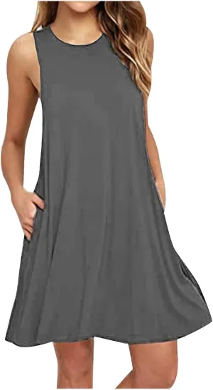 Summer Dresses for Women 2025 Casual Loose Sleeveless Tshirt Sundresses Cute Boho Beach Swing Mini Dress with Pockets