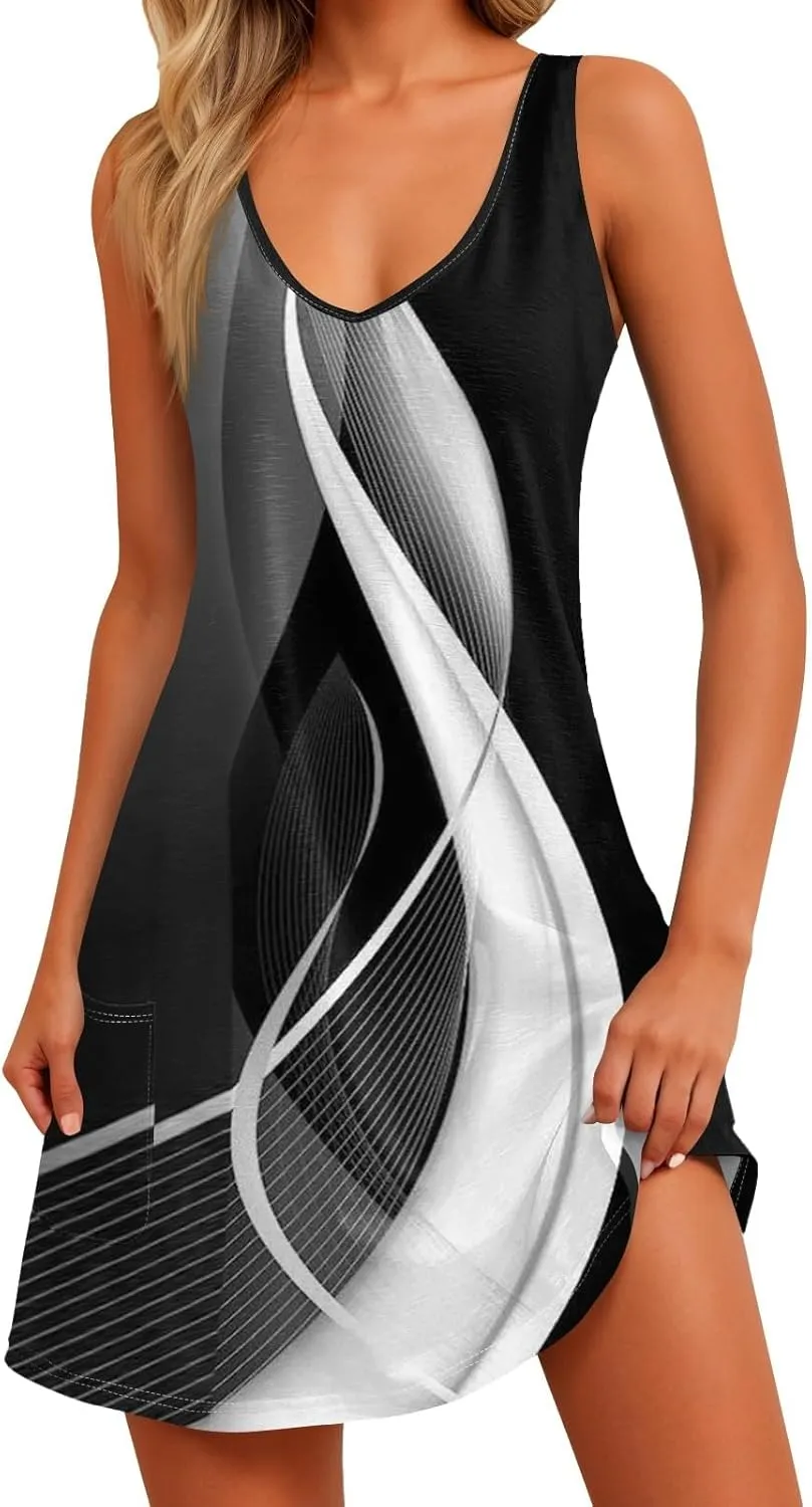 Summer Dresses for Women 2025 Casual V Neck Sleeveless Sundresses Boho Beach Tank Dresses with Pockets