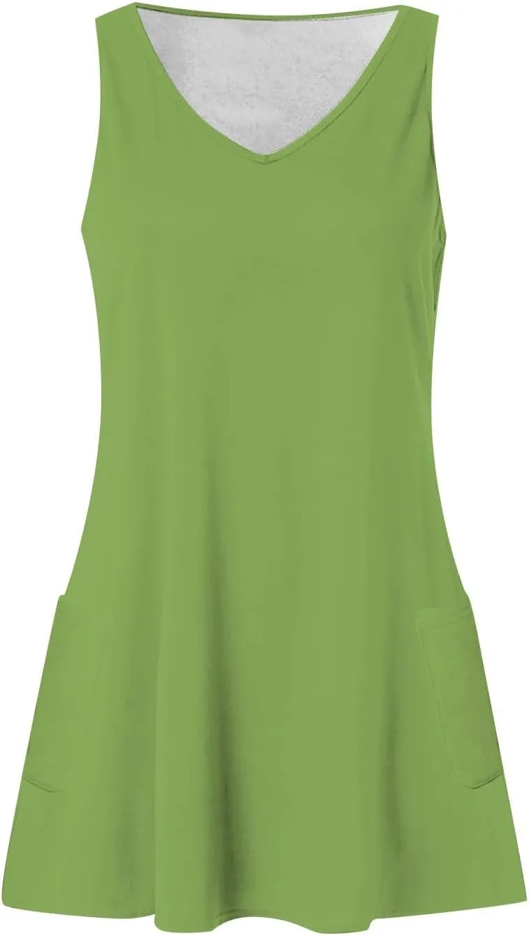 Summer Dresses for Women 2025 Casual V Neck Sleeveless Sundresses Boho Beach Tank Dresses with Pockets