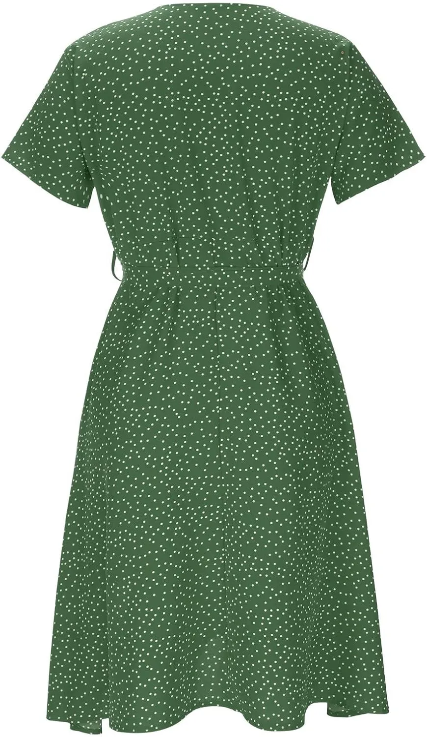 Summer Dresses for Women 2025 Plus Size Short Sleeve V Neck Polka Dot Print Midi Dress Casual Boho Beach Sundresses