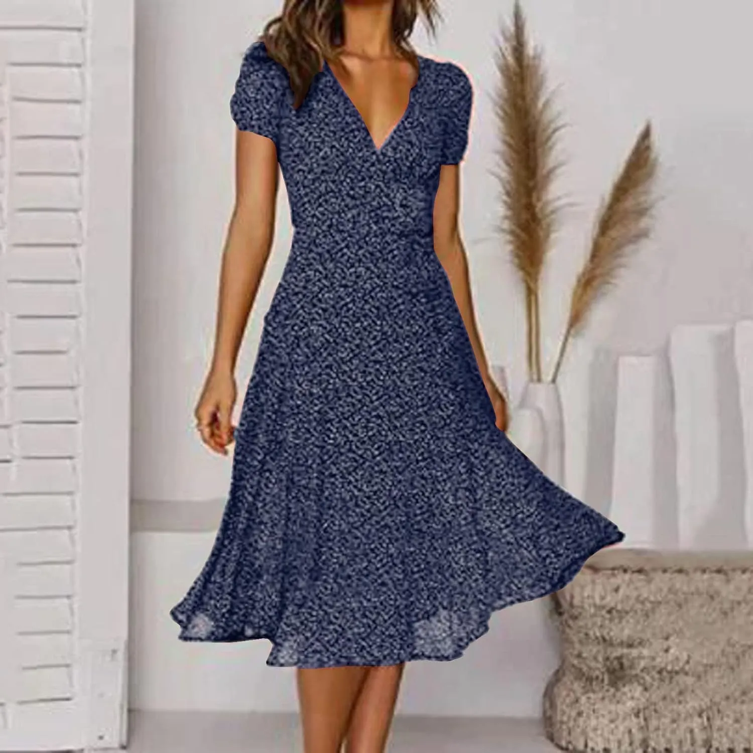 Summer Dresses for Women 2025 Plus Size Short Sleeve V Neck Polka Dot Print Midi Dress Casual Boho Beach Sundresses