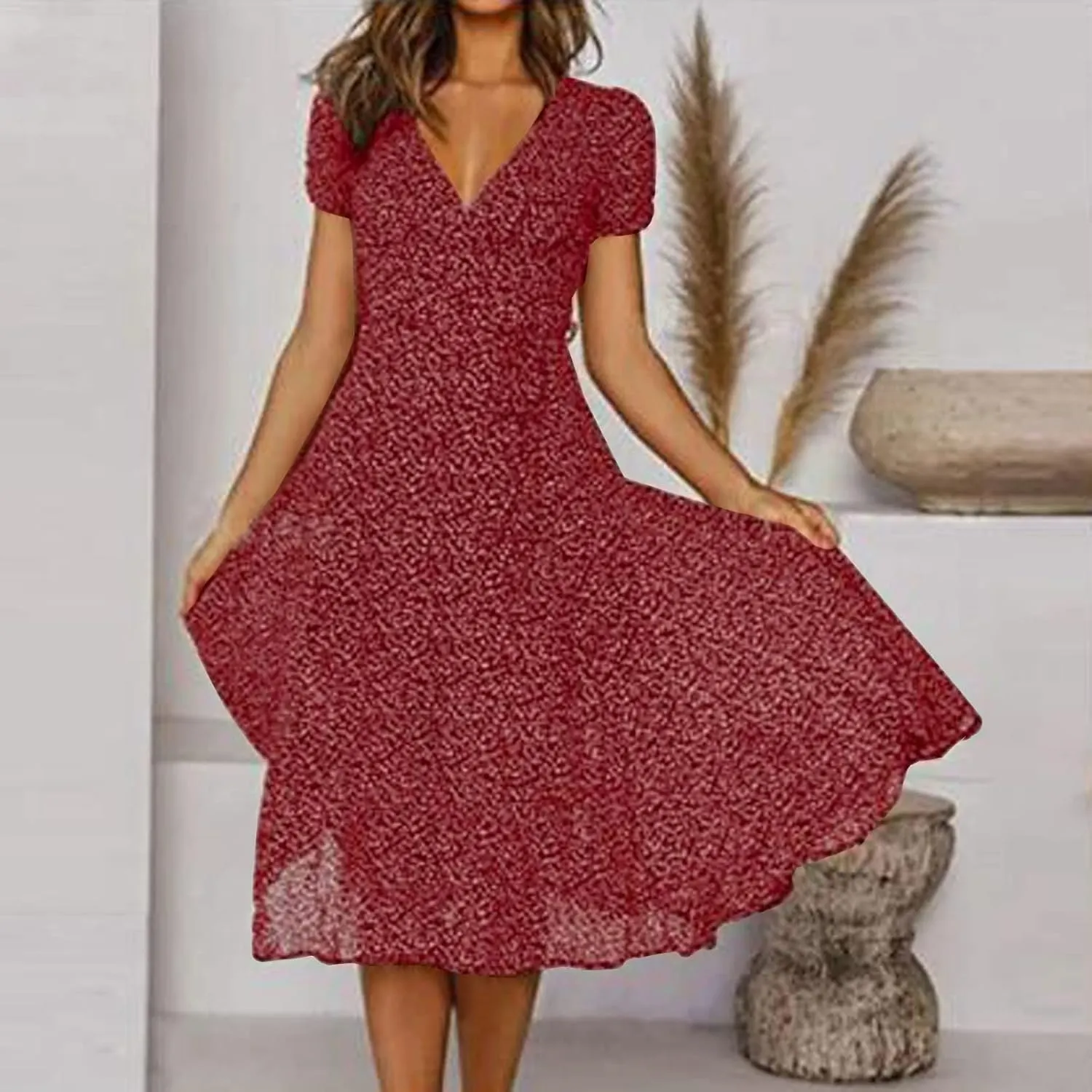 Summer Dresses for Women 2025 Plus Size Short Sleeve V Neck Polka Dot Print Midi Dress Casual Boho Beach Sundresses