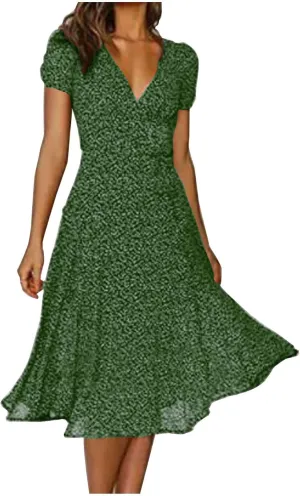 Summer Dresses for Women 2025 Plus Size Short Sleeve V Neck Polka Dot Print Midi Dress Casual Boho Beach Sundresses