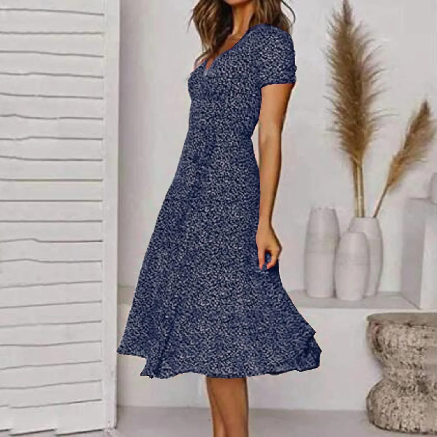Summer Dresses for Women 2025 Plus Size Short Sleeve V Neck Polka Dot Print Midi Dress Casual Boho Beach Sundresses