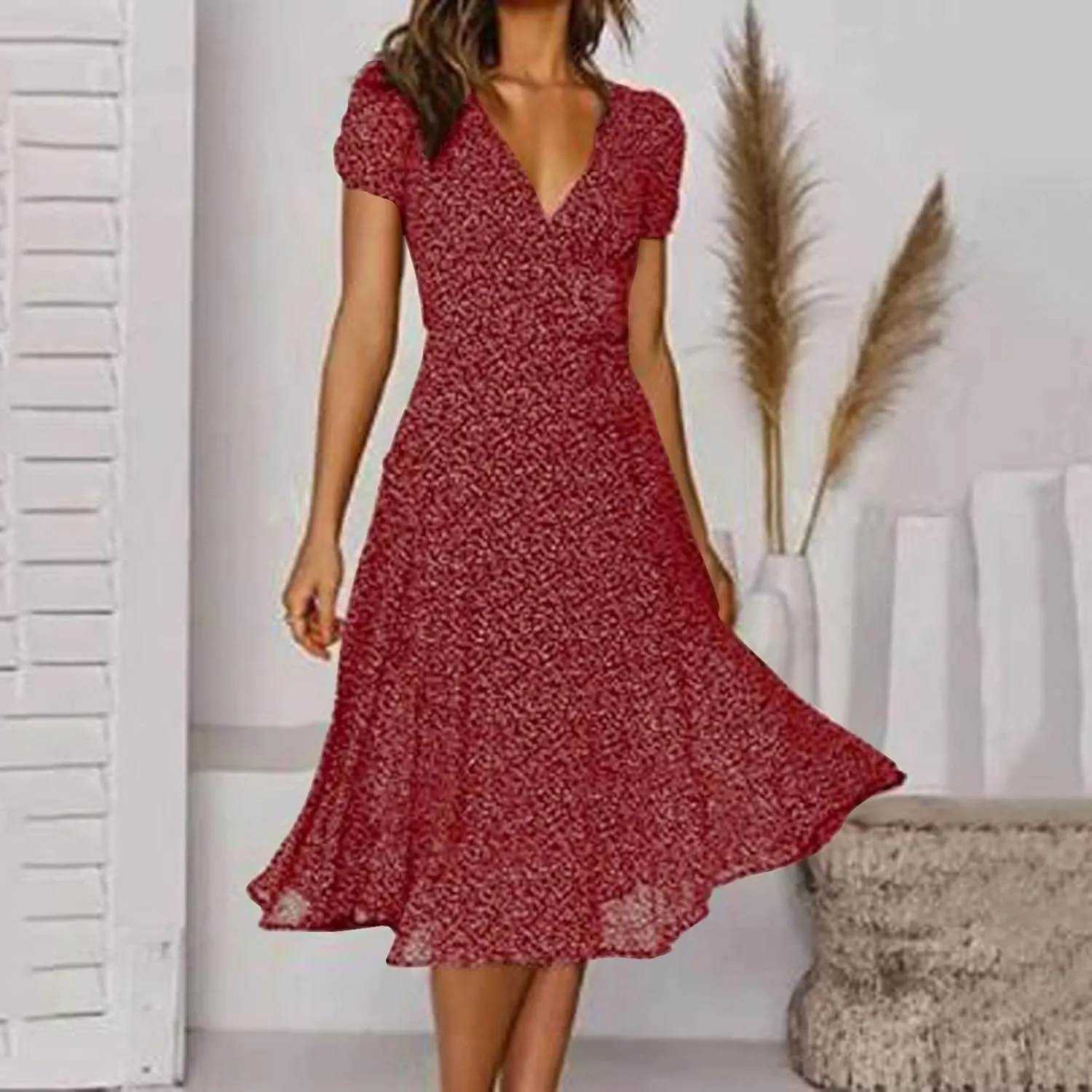 Summer Dresses for Women 2025 Plus Size Short Sleeve V Neck Polka Dot Print Midi Dress Casual Boho Beach Sundresses