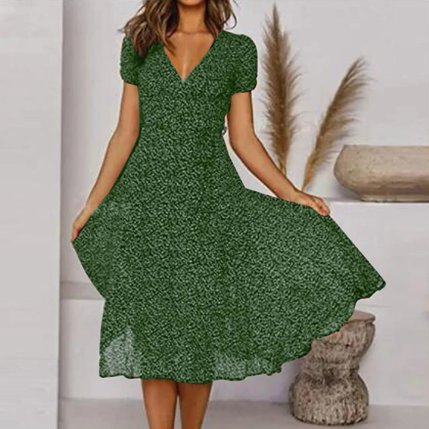 Summer Dresses for Women 2025 Plus Size Short Sleeve V Neck Polka Dot Print Midi Dress Casual Boho Beach Sundresses