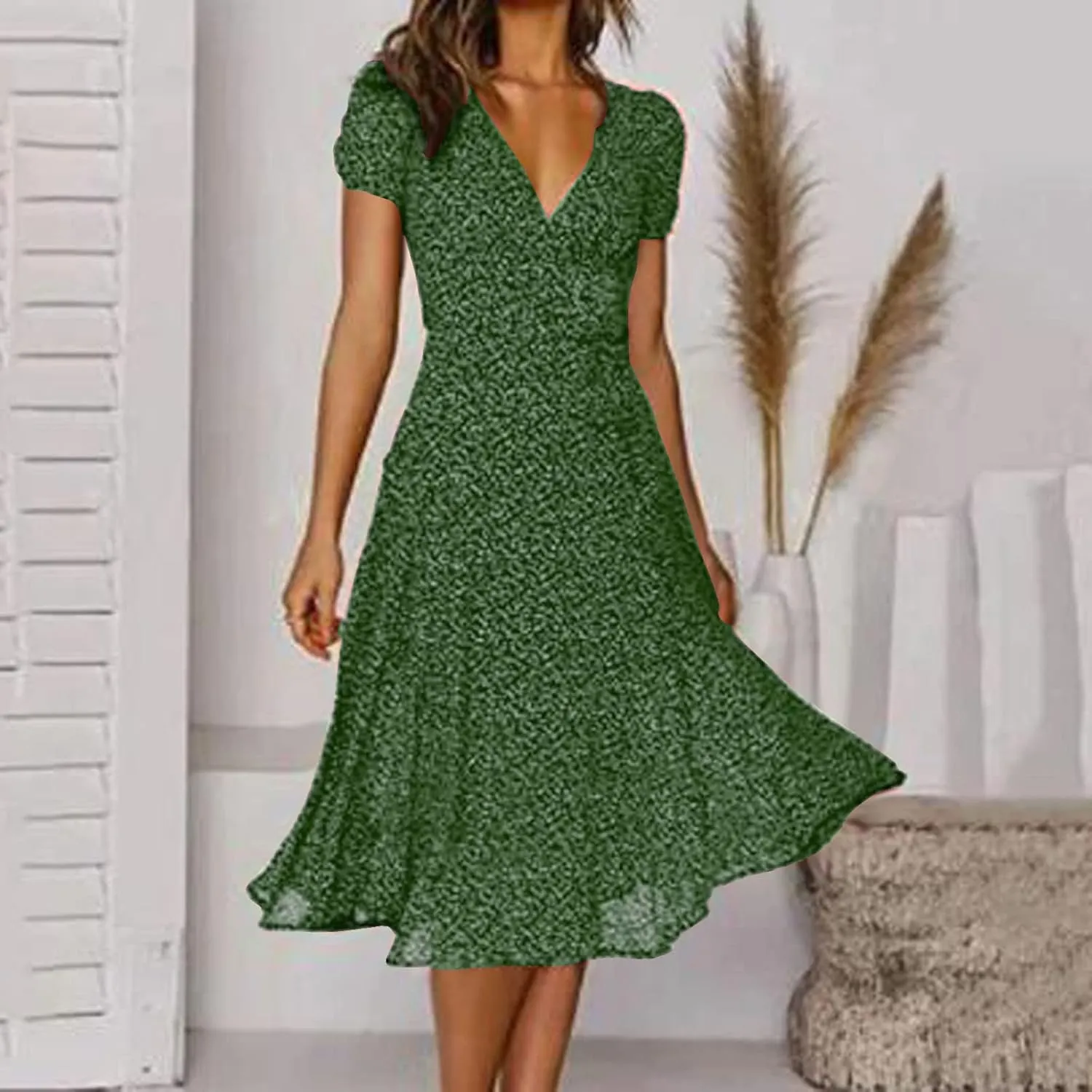 Summer Dresses for Women 2025 Plus Size Short Sleeve V Neck Polka Dot Print Midi Dress Casual Boho Beach Sundresses