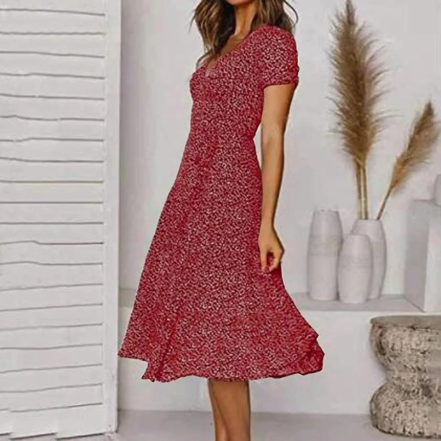 Summer Dresses for Women 2025 Plus Size Short Sleeve V Neck Polka Dot Print Midi Dress Casual Boho Beach Sundresses