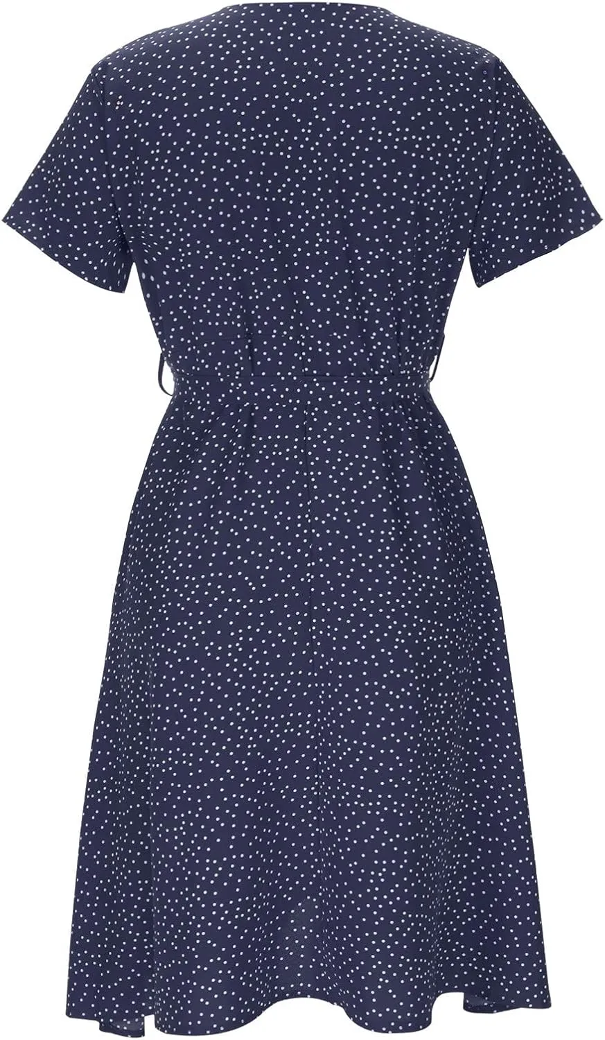 Summer Dresses for Women 2025 Plus Size Short Sleeve V Neck Polka Dot Print Midi Dress Casual Boho Beach Sundresses